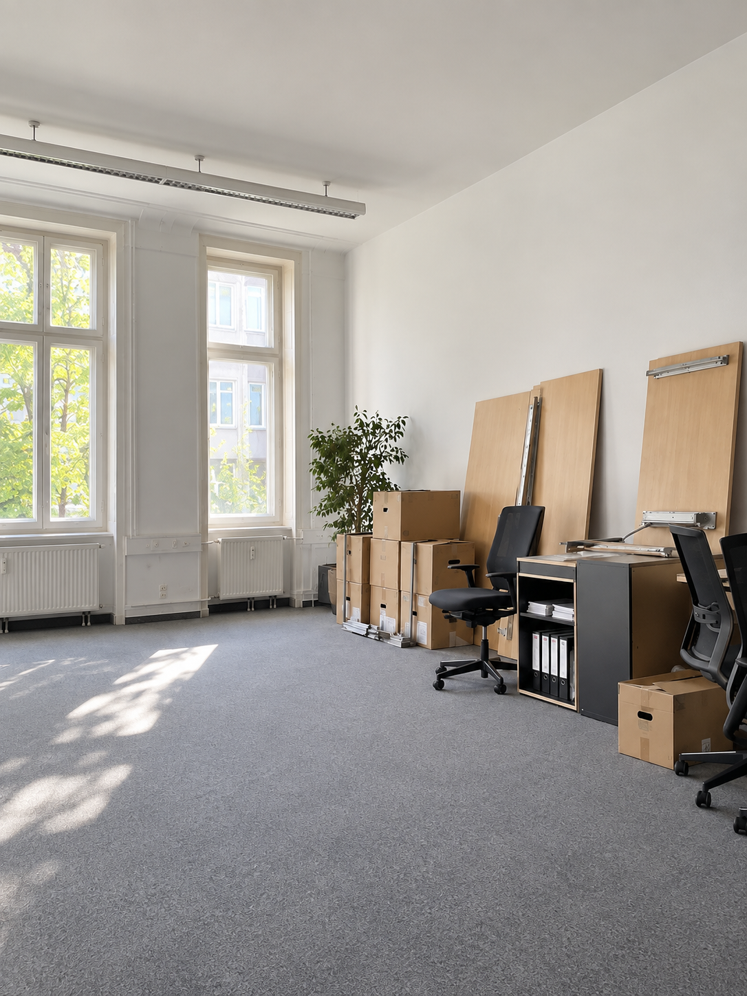 Bürofläche mit Kartons und bereitgestelltem Büromobiliar für eine Betriebsauflösung.