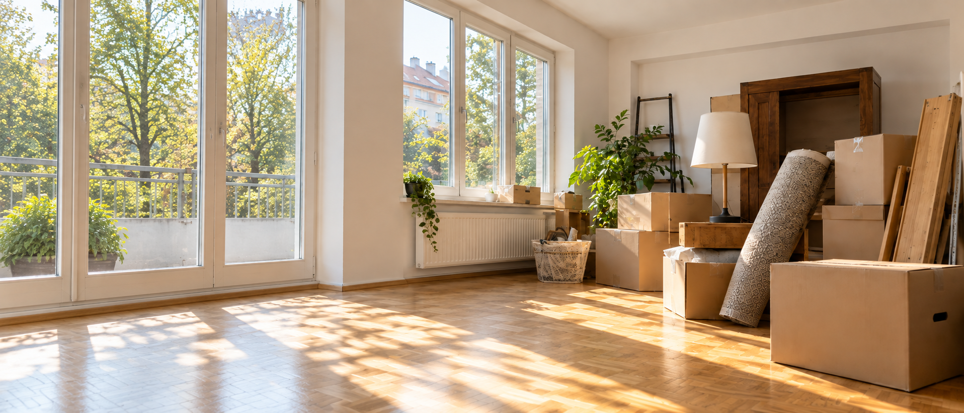 Helle Wohnung mit Kartons, Teppich und Möbelteilen für eine Haushaltsauflösung.