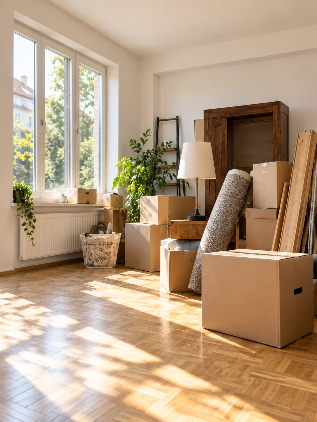 Helle Wohnung mit Kartons, Teppich und Möbelteilen für eine Haushaltsauflösung.
