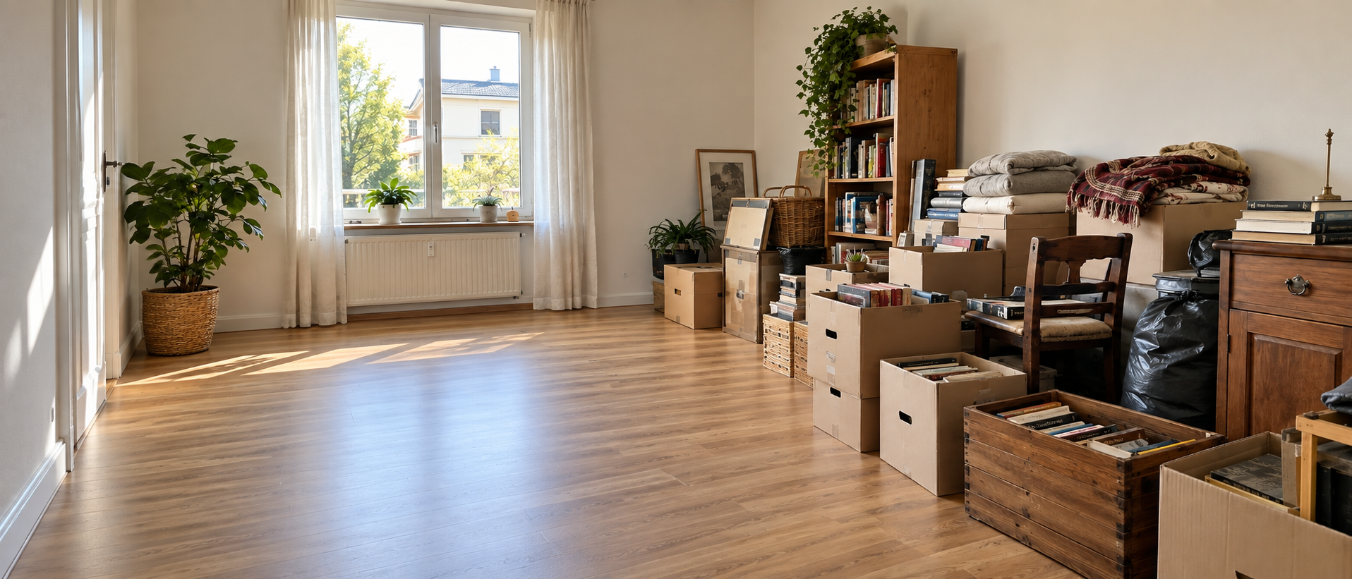 Sortierter Hausrat, Bücher und Kartons in einer Wohnung mit wieder freiem Durchgang.