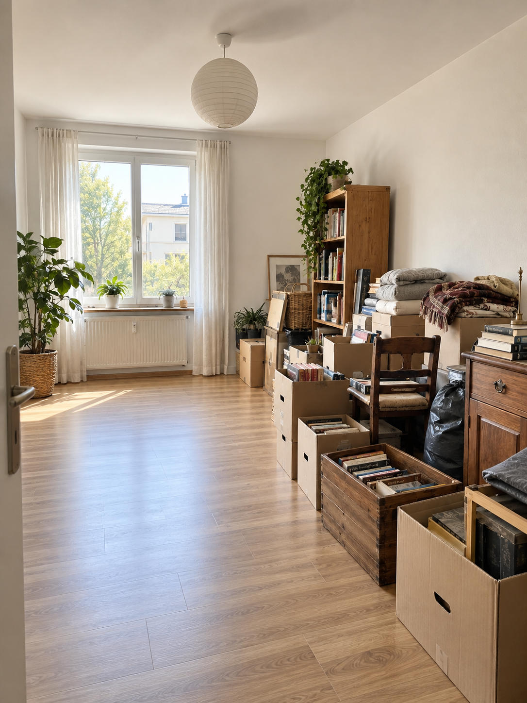 Sortierter Hausrat, Bücher und Kartons in einer Wohnung mit wieder freiem Durchgang.