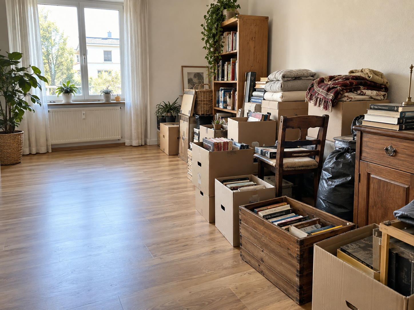 Wohnraum mit gesammeltem Hausrat, Büchern und Möbeln