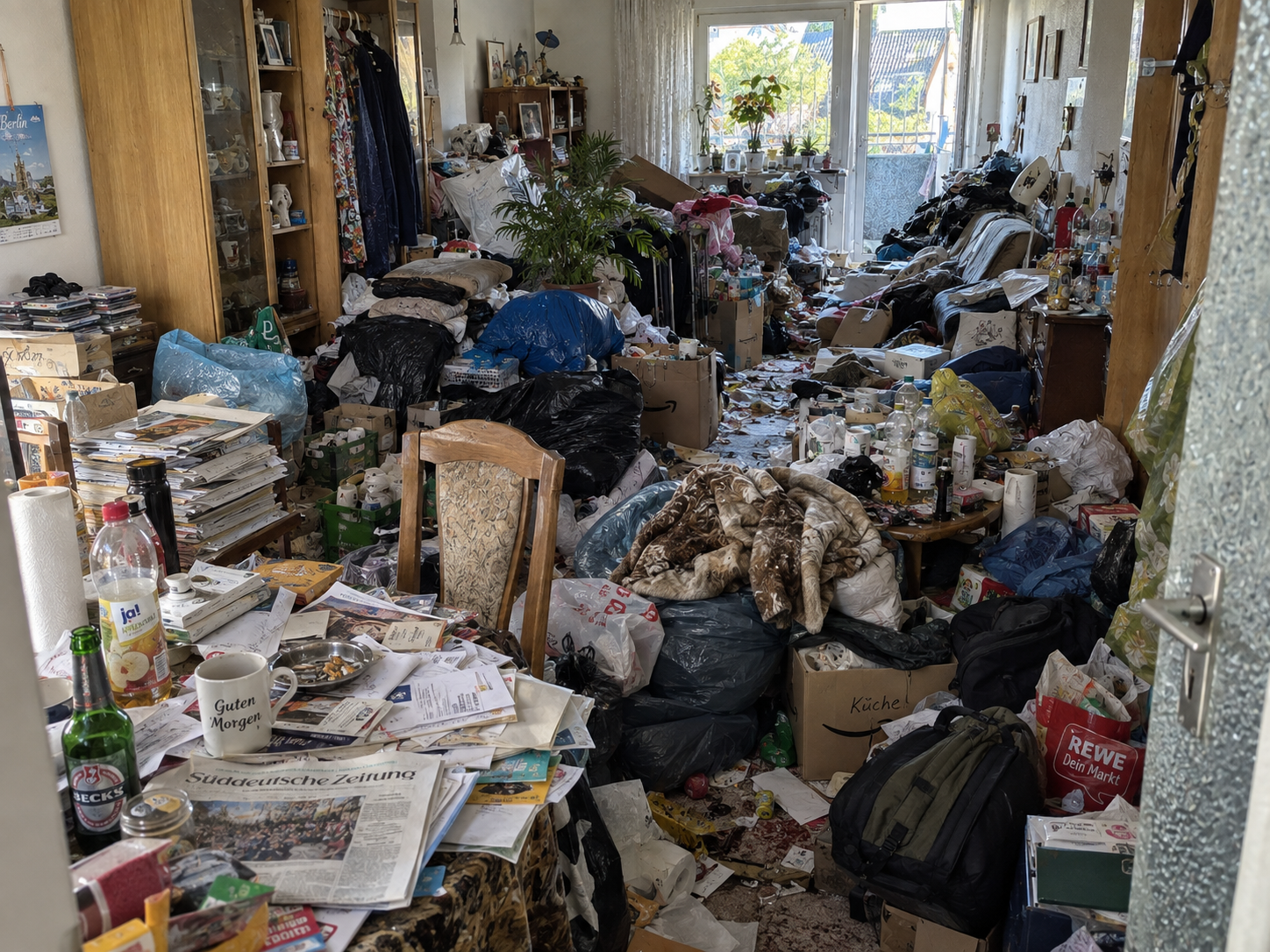 Stark überfülltes Wohnzimmer vor einer diskret geplanten Messie-Entrümpelung.