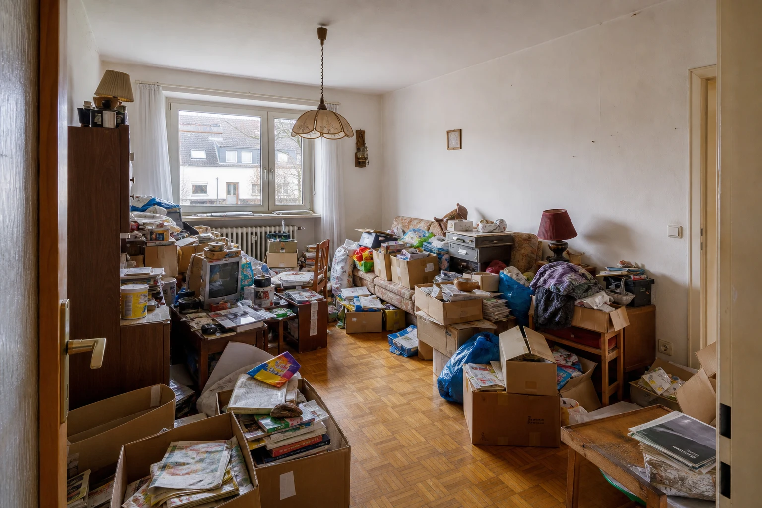 Stark zugestelltes Wohnzimmer vor einer Entrümpelung