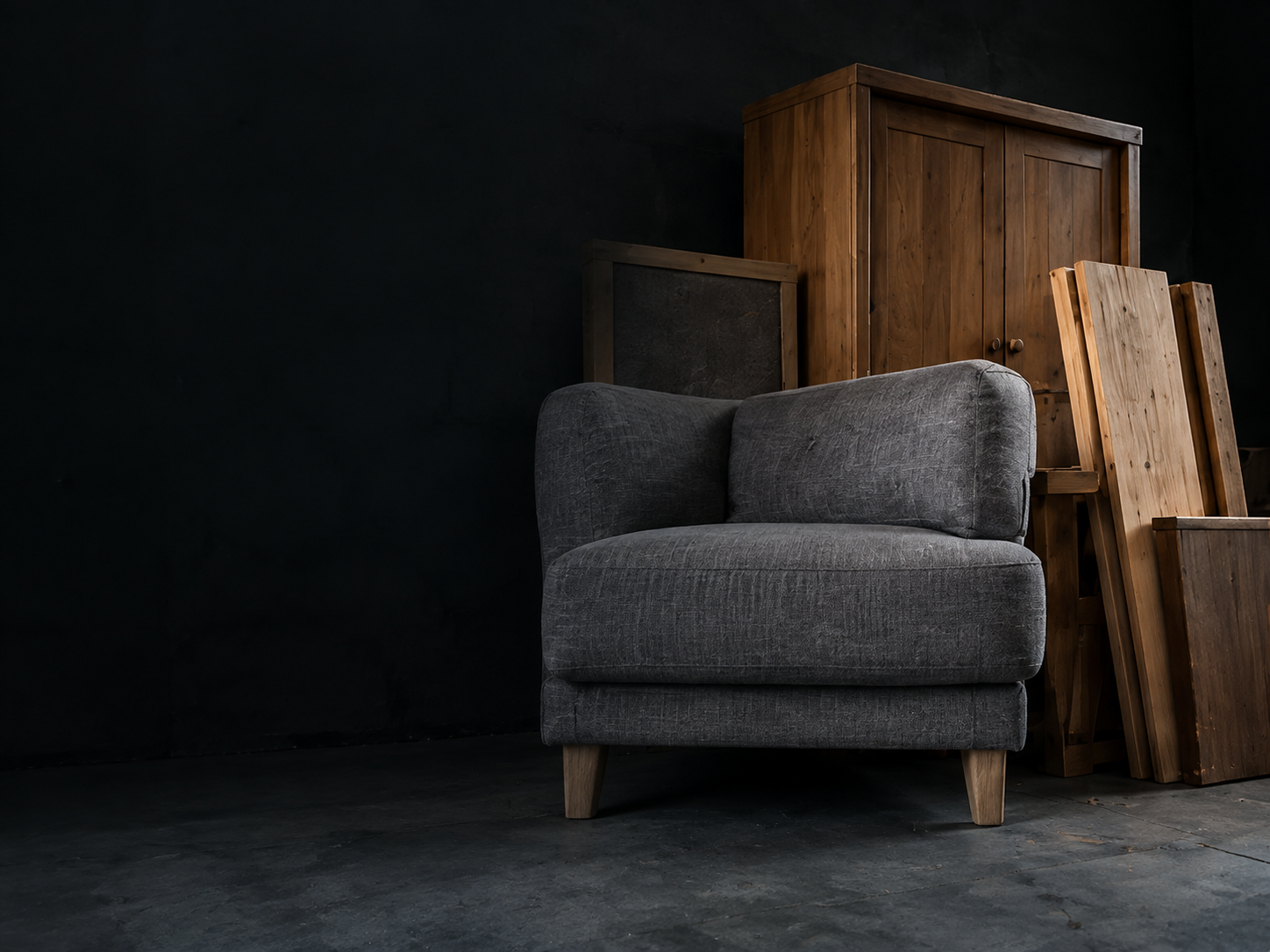 Holzschrank, Polstersessel und Holzplanken als getrennte Materialgruppe