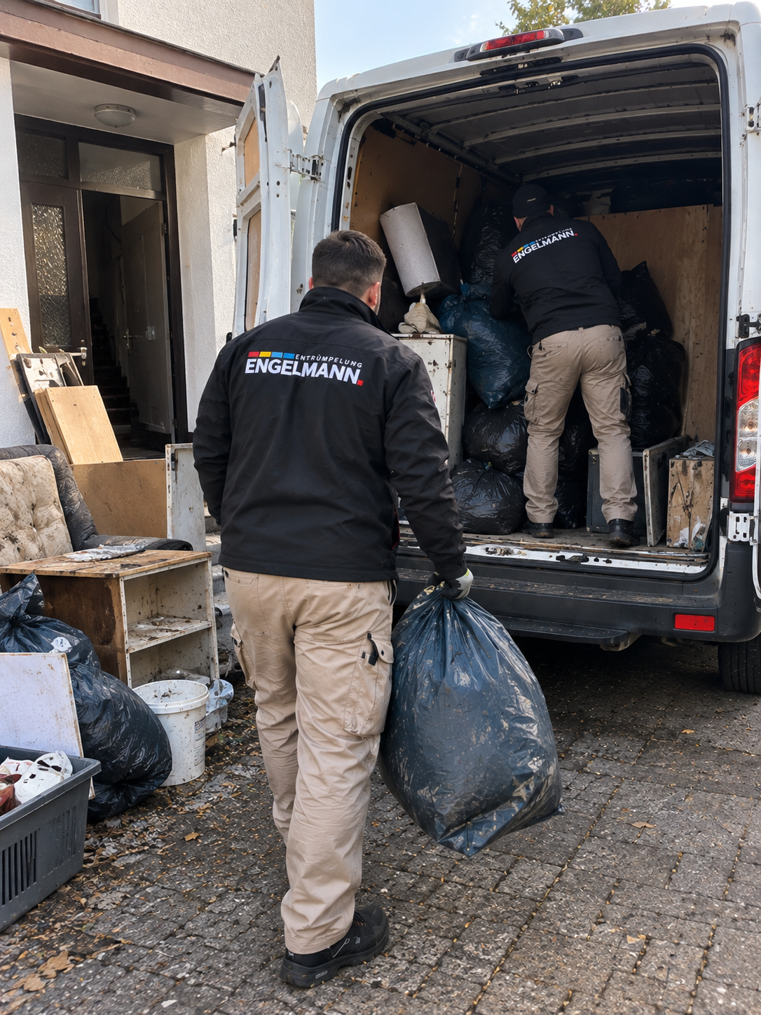 Zwei Mitarbeiter von Entrümpelung Engelmann beladen an einem Wohnobjekt den geöffneten Firmenwagen.