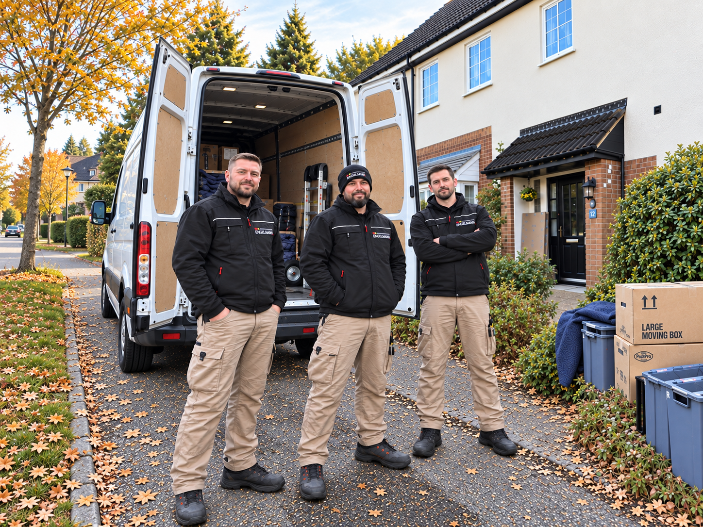 Drei Mitarbeiter von Entrümpelung Engelmann in Arbeitskleidung vor einem geöffneten Transporter und einem Hauseingang.
